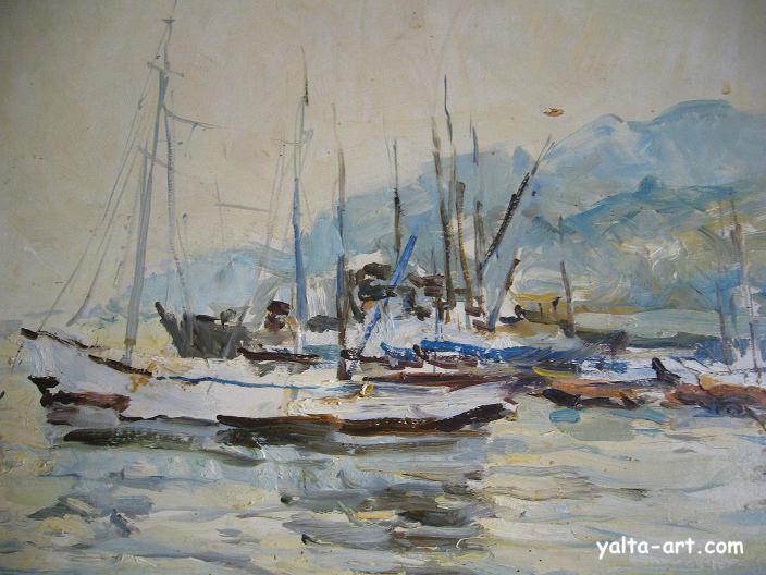 Картина Виктора Фербера, Сейнеры, порт, 1959
